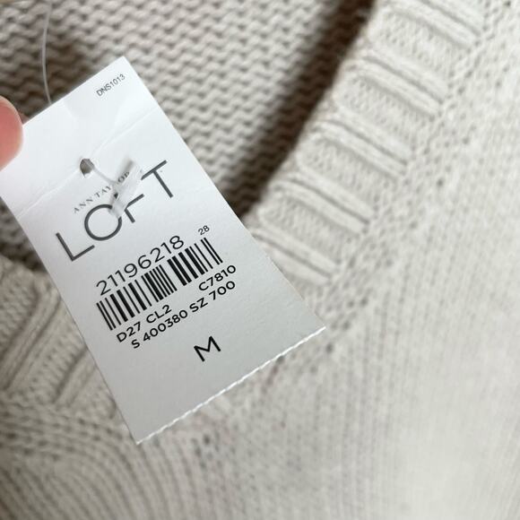 Loft Cotton Pullover Sweater Womens Medium Beige Neutral Minimalist V Neck - Picture 6 of 9